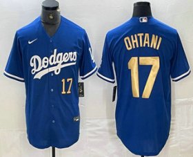 Cheap Men\'s Los Angeles Dodgers #17 Shohei Ohtani Number Blue Gold Stitched Cool Base Nike Jersey