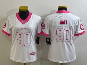 Wholesale Cheap Women\'s Pittsburgh Steelers #90 TJ Watt White Pink Vapor Untouchaable Limited Stitched Jersey