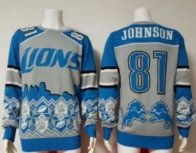 Wholesale Cheap Nike Lions #81 Calvin Johnson Blue/Grey Men\'s Ugly Sweater