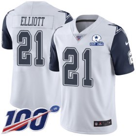 Wholesale Cheap Nike Cowboys #21 Ezekiel Elliott White Men\'s Stitched With Established In 1960 Patch NFL Limited Rush 100th Season Jersey