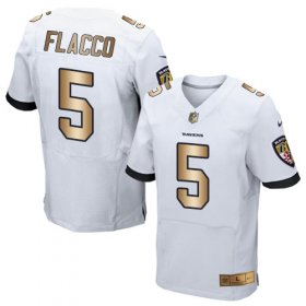 Wholesale Cheap Nike Ravens #5 Joe Flacco White Men\'s Stitched NFL New Elite Gold Jersey
