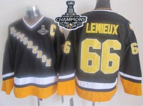 Wholesale Cheap Penguins #66 Mario Lemieux Black/Yellow CCM Throwback 2017 Stanley Cup Finals Champions Stitched NHL Jersey