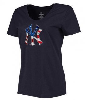Wholesale Cheap Women\'s New York Yankees USA Flag Fashion T-Shirt Navy Blue
