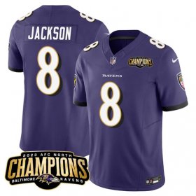 Cheap Men\'s Baltimore Ravens #8 Lamar Jackson Purple 2023 F.U.S.E. AFC North Champions Vapor Limited Football Stitched Jersey