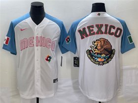 Wholesale Cheap Men\'s Mexico Baseball 2023 White Blue Team Big Logo World Baseball Classic Stitched Jersey