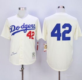 Wholesale Cheap Mitchell and Ness 1955 Dodgers #42 Jackie Robinson Cream Throwback MLB Jersey
