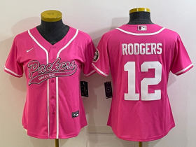 Wholesale Cheap Women\'s Green Bay Packers #12 Aaron Rodgers Pink With Patch Cool Base Stitched Baseball Jersey