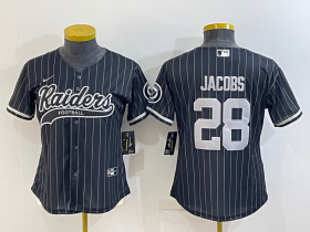 Wholesale Cheap Women\'s Las Vegas Raiders #28 Josh Jacobs Black Team Big Logo With Patch Cool Base Stitched Baseball Jersey