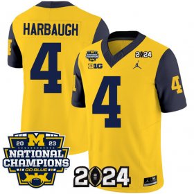 Cheap Men\'s Michigan Wolverines #4 Jim Harbaugh Yellow Navy 2024 F.U.S.E. With 2023 National Champions Patch Stitched Jersey