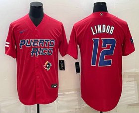 Cheap Men\'s Puerto Rico Baseball #12 Francisco Lindor 2023 Red World Baseball Classic Stitched Jersey