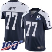 Wholesale Cheap Nike Cowboys #77 Tyron Smith Navy Blue Thanksgiving Men's Stitched With Established In 1960 Patch NFL 100th Season Vapor Untouchable Limited Throwback Jersey