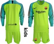 Wholesale Cheap Barcelona Blank Shiny Green Goalkeeper Long Sleeves Kid Soccer Club Jersey
