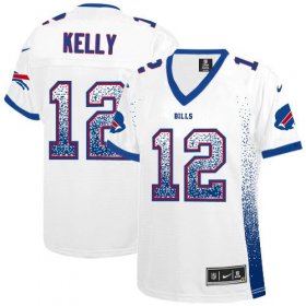 Wholesale Cheap Nike Bills #12 Jim Kelly White Women\'s Stitched NFL Elite Drift Fashion Jersey