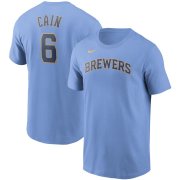 Wholesale Cheap Milwaukee Brewers #6 Lorenzo Cain Nike Name & Number T-Shirt Light Blue