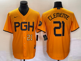 Wholesale Cheap Men\'s Pittsburgh Pirates #21 Roberto Clemente Number Gold 2023 City Connect Stitched Jersey2