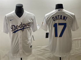 Cheap Men\'s Los Angeles Dodgers #17 Shohei Ohtani White Gold Cool Base With Patch Stitched Baseball Jersey
