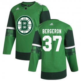 Wholesale Cheap Boston Bruins #37 Patrice Bergeron Men\'s Adidas 2020 St. Patrick\'s Day Stitched NHL Jersey Green.jpg