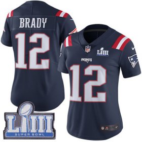 Wholesale Cheap Nike Patriots #12 Tom Brady Navy Blue Super Bowl LIII Bound Women\'s Stitched NFL Limited Rush Jersey