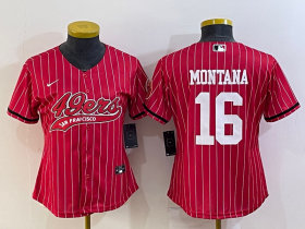 Wholesale Cheap Women\'s San Francisco 49ers #16 Joe Montana Red Pinstripe With Patch Cool Base Stitched Baseball Jersey