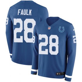 Wholesale Cheap Nike Colts #28 Marshall Faulk Royal Blue Team Color Men\'s Stitched NFL Limited Therma Long Sleeve Jersey