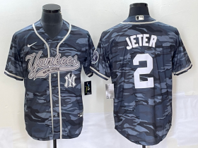 Wholesale Cheap Men\'s New York Yankees #2 Derek Jeter Grey Camo Cool Base With Patch Stitched Baseball Jersey1