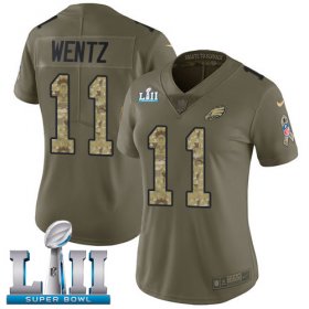 Wholesale Cheap Nike Eagles #11 Carson Wentz Olive/Camo Super Bowl LII Women\'s Stitched NFL Limited 2017 Salute to Service Jersey