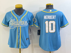 Wholesale Cheap Women\'s Los Angeles Chargers #10 Justin Herbert Blue With Patch Cool Base Stitched Baseball Jersey