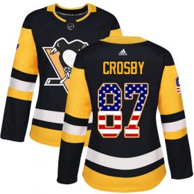 Wholesale Cheap Adidas Penguins #87 Sidney Crosby Black Home Authentic USA Flag Women\'s Stitched NHL Jersey