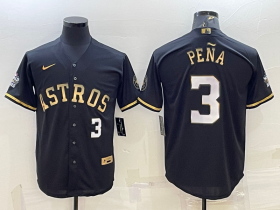 Wholesale Cheap Men\'s Houston Astros #3 Jeremy Pena Number Black Gold 2022 World Series Stitched Baseball Jersey