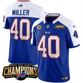 Cheap Men\'s Buffalo Bills #40 Von Miller Blue White 2023 F.U.S.E. AFC East Champions With 4-star C Ptach Football Stitched Jersey