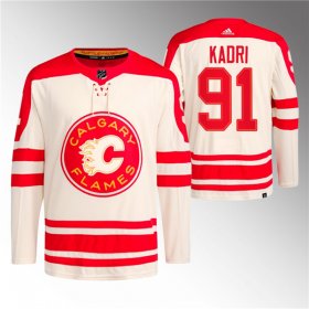 Cheap Men\'s Calgary Flames #91 Nazem Kadri 2023 Cream Classic Primegreen Stitched Jersey