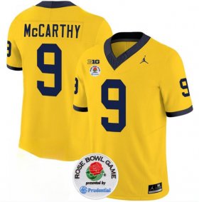 Cheap Men\'s Michigan Wolverines #9 J.J. McCarthy 2023 F.U.S.E. Yellow Rose Bowl Patch Stitched Jersey
