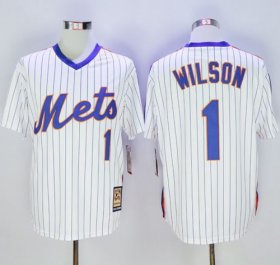 Wholesale Cheap Mitchell and Ness Mets #1 Mookie Wilson Stitched White Blue Strip Throwback MLB Jersey