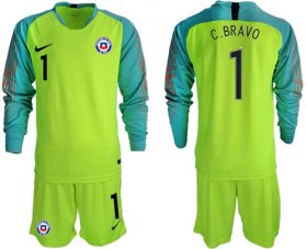 Wholesale Cheap Chile #1 C.Bravo Shiny Green Goalkeeper Long Sleeves Soccer Country Jersey