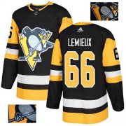 Wholesale Cheap Adidas Penguins #66 Mario Lemieux Black Home Authentic Fashion Gold Stitched NHL Jersey