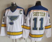 Wholesale Cheap Blues #11 Brian Sutter White/Yellow CCM Throwback Stitched NHL Jersey