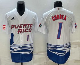 Cheap Mens Puerto Rico Baseball #1 Carlos Correa Number White 2023 World Baseball Classic Stitched Jersey