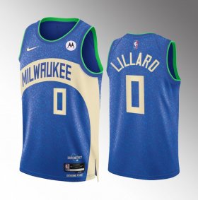 Men\'s Milwaukee Bucks #0 Damian Lillard Blue 2023-24 City Edition Stitched Basketball Jersey