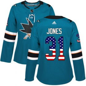 Wholesale Cheap Adidas Sharks #31 Martin Jones Teal Home Authentic USA Flag Women\'s Stitched NHL Jersey