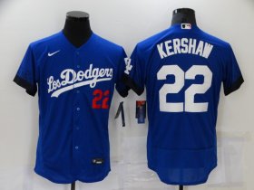 Wholesale Cheap Men\'s Los Angeles Dodgers #22 Clayton Kershaw Blue 2021 City Connect Flex Base Stitched Jersey