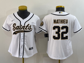 Wholesale Cheap Women\'s New Orleans Saints #32 Tyrann Mathieu White With Patch Cool Base Stitched Baseball Jersey