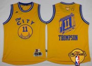Wholesale Cheap Men's Golden State Warriors #11 Klay Thompson Retro Yellow 2017 The NBA Finals Patch Jersey