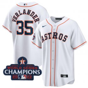 Wholesale Cheap Men\'s Houston Astros #35 Justin Verlander White 2022 World Series Champions Home Stitched Baseball Jersey
