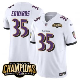 Cheap Men\'s Baltimore Ravens #35 Gus Edwards White 2023 F.U.S.E. AFC North Champions Vapor Limited Football Stitched Jersey