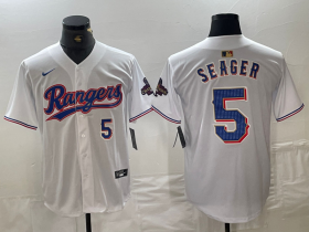 Cheap Men\'s Texas Rangers #5 Corey Seager Number White 2024 Gold Collection Limited Cool Base Jersey