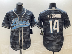 Men\'s Detroit Lions #14 Amon Ra St Brown Grey Camo With Patch Cool Base Stitched Baseball Jersey