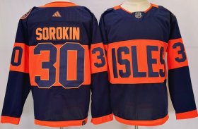 Cheap Men\'s New York Islanders #30 Ilya Sorokin Navy 2024 With Stadium Series Patch Stitched Jersey