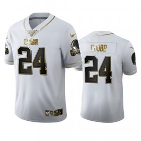 Wholesale Cheap Cleveland Browns #24 Nick Chubb Men\'s Nike White Golden Edition Vapor Limited NFL 100 Jersey