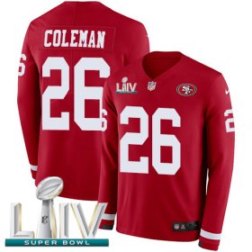 Wholesale Cheap Nike 49ers #26 Tevin Coleman Red Super Bowl LIV 2020 Team Color Men\'s Stitched NFL Limited Therma Long Sleeve Jersey