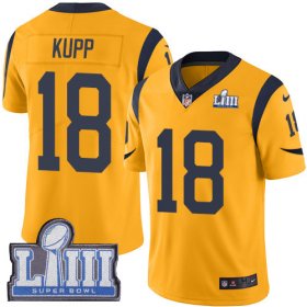 Wholesale Cheap Nike Rams #18 Cooper Kupp Gold Super Bowl LIII Bound Men\'s Stitched NFL Limited Rush Jersey